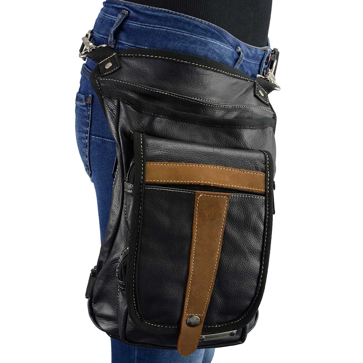 Black And Tan Leather Conceal And Carry Thigh Bag With Waist Belt