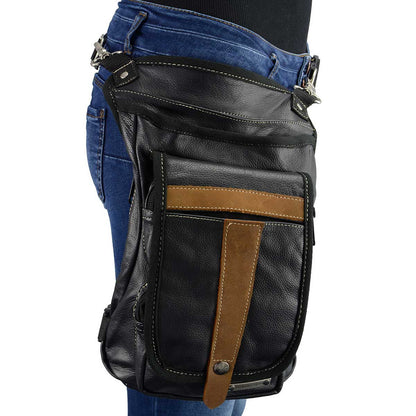 Black And Tan Leather Conceal And Carry Thigh Bag With Waist Belt