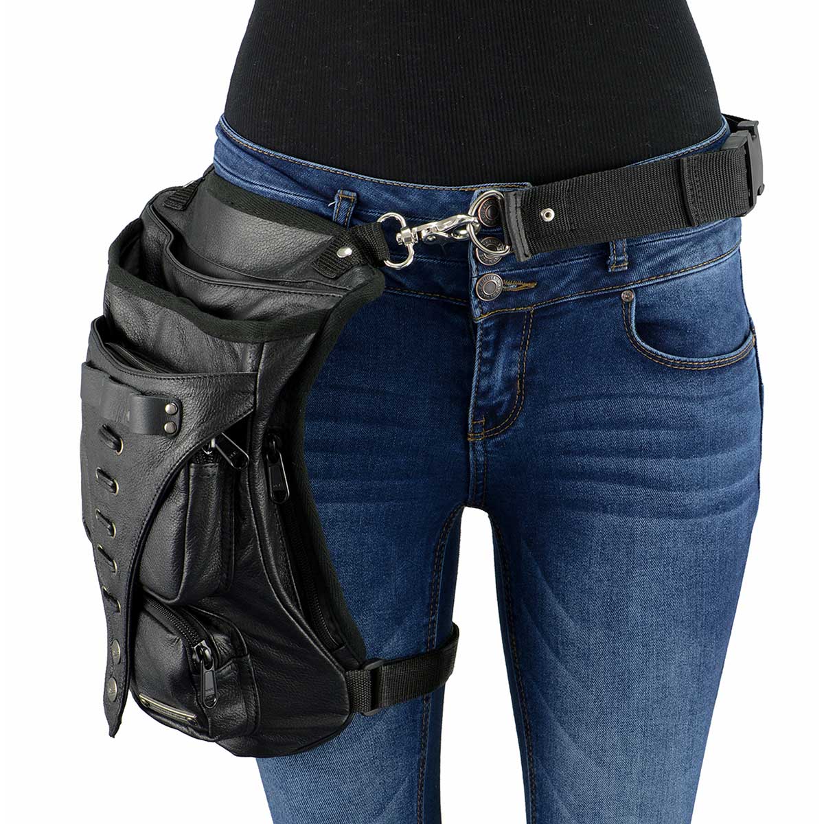Women's Black Leather Conceal and Carry Thigh Bag with Waist Belt