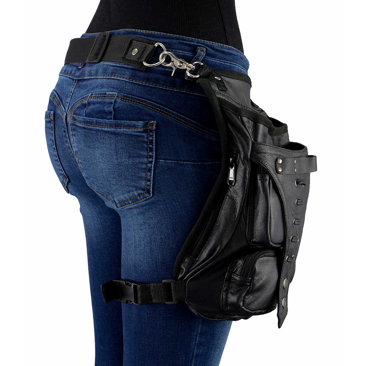 Women's Black Leather Conceal and Carry Thigh Bag with Waist Belt