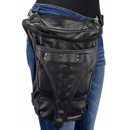 Women's Black Leather Conceal and Carry Thigh Bag with Waist Belt