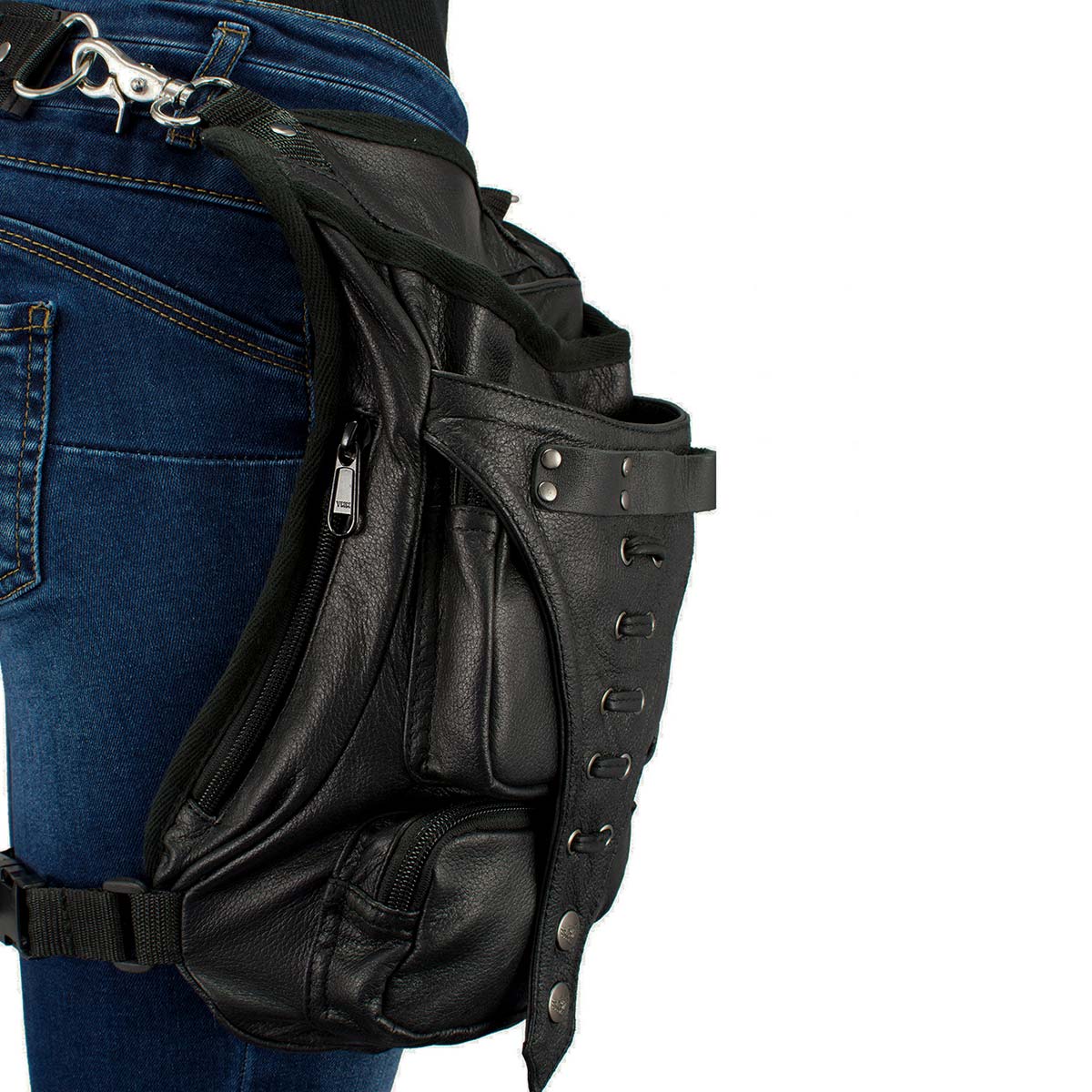 Women's Black Leather Conceal and Carry Thigh Bag with Waist Belt