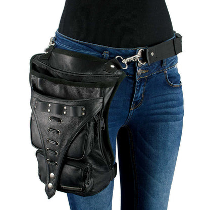 Women's Black Leather Conceal and Carry Thigh Bag with Waist Belt