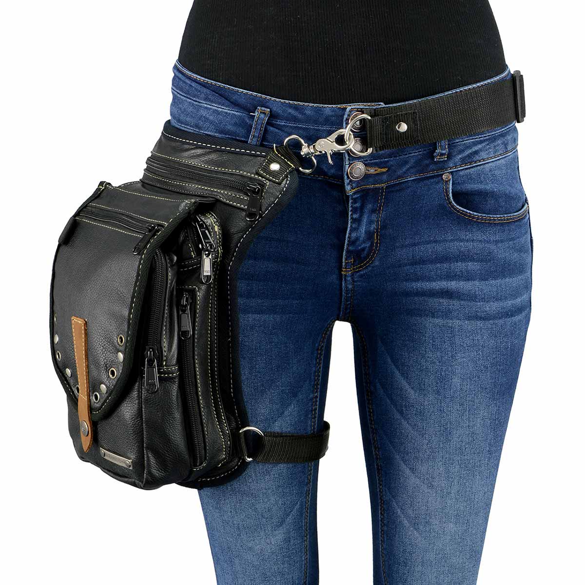 Women's Black Leather Conceal and Carry Thigh Bag with Waist Belt