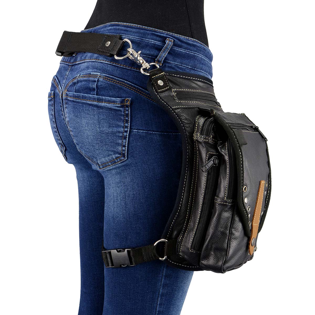 Women's Black Leather Conceal and Carry Thigh Bag with Waist Belt
