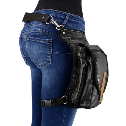 Women's Black Leather Conceal and Carry Thigh Bag with Waist Belt