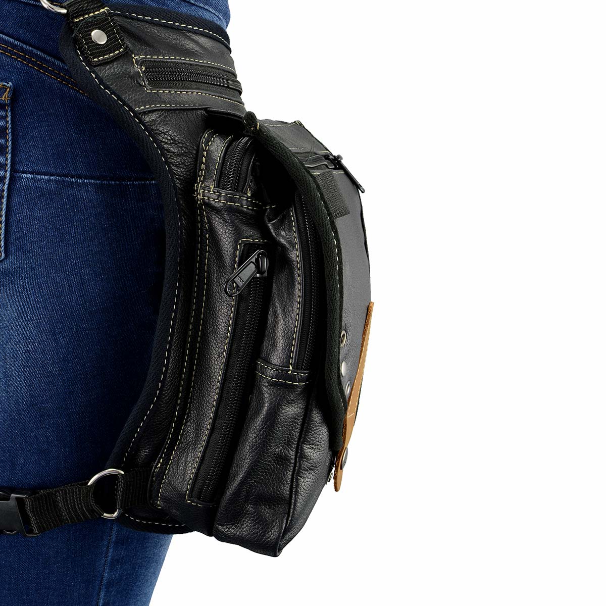 Women's Black Leather Conceal and Carry Thigh Bag with Waist Belt