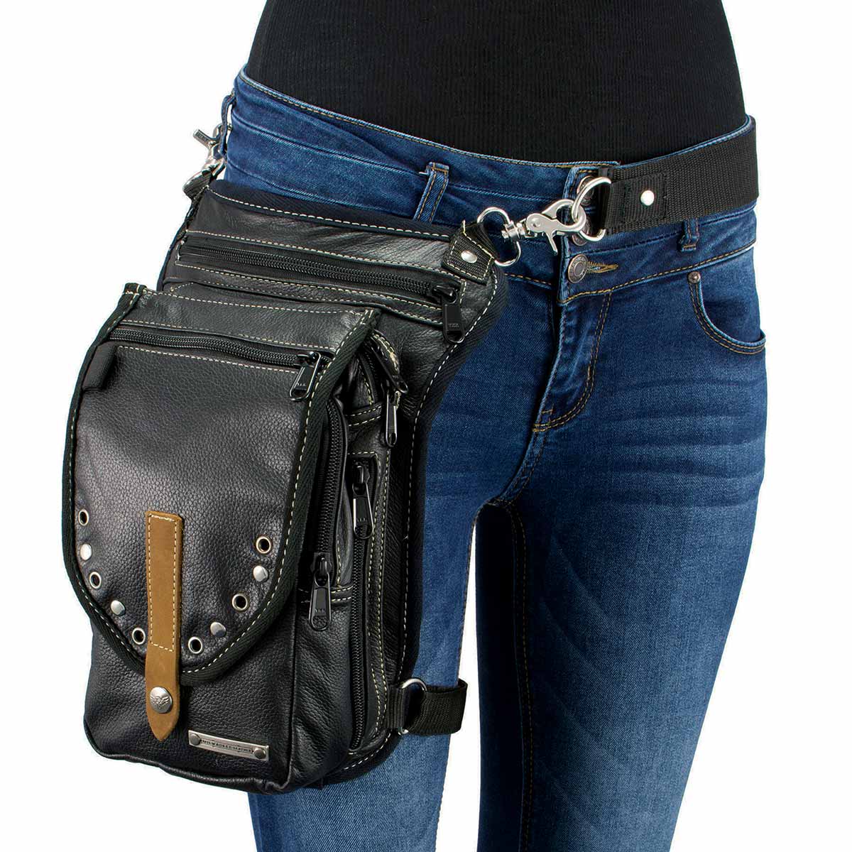 Women's Black Leather Conceal and Carry Thigh Bag with Waist Belt