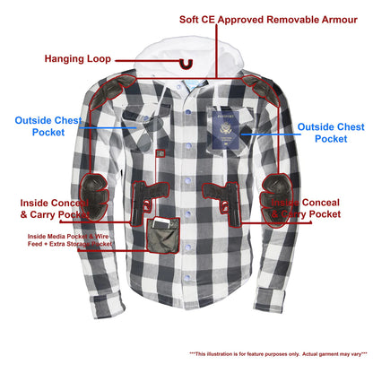 Men's Plaid Hooded Flannel Biker Shirt with CE Approved Armor - Reinforced w/ Aramid Fibers