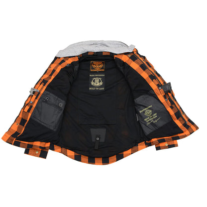 Men's Plaid Hooded Flannel Biker Shirt with CE Approved Armor - Reinforced w/ Aramid Fibers