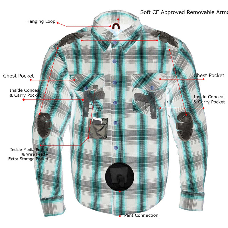 Men's Grey Flannel Biker Shirt with CE Approved Armor - Reinforced w/ Aramid Fibers