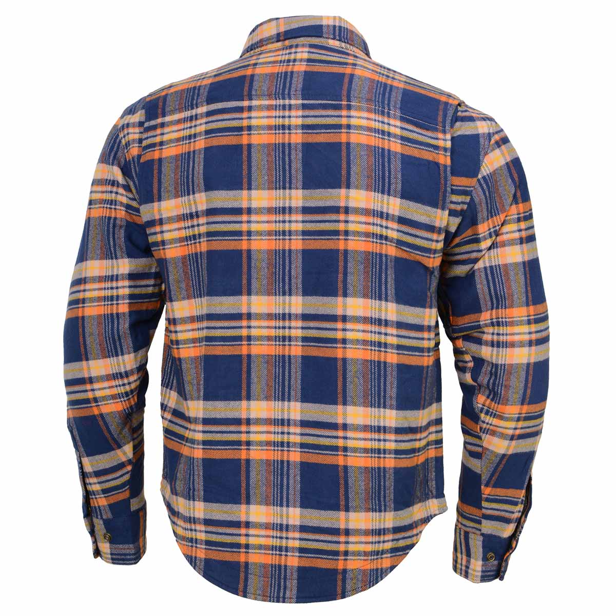 Blue and Orange Flannel Biker Shirt for Men with CE Armor - Reinforced w/ Aramid Fiber