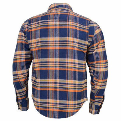 Blue and Orange Flannel Biker Shirt for Men with CE Armor - Reinforced w/ Aramid Fiber