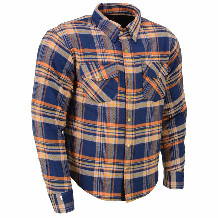 Blue and Orange Flannel Biker Shirt for Men with CE Armor - Reinforced w/ Aramid Fiber