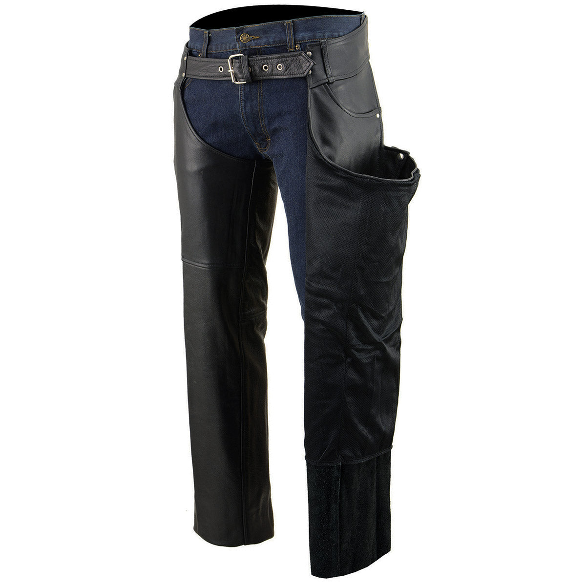 Men's Premium Buffalo Leather Motorcycle Chaps Black Jean Style Pockets Tall SH1101TALL