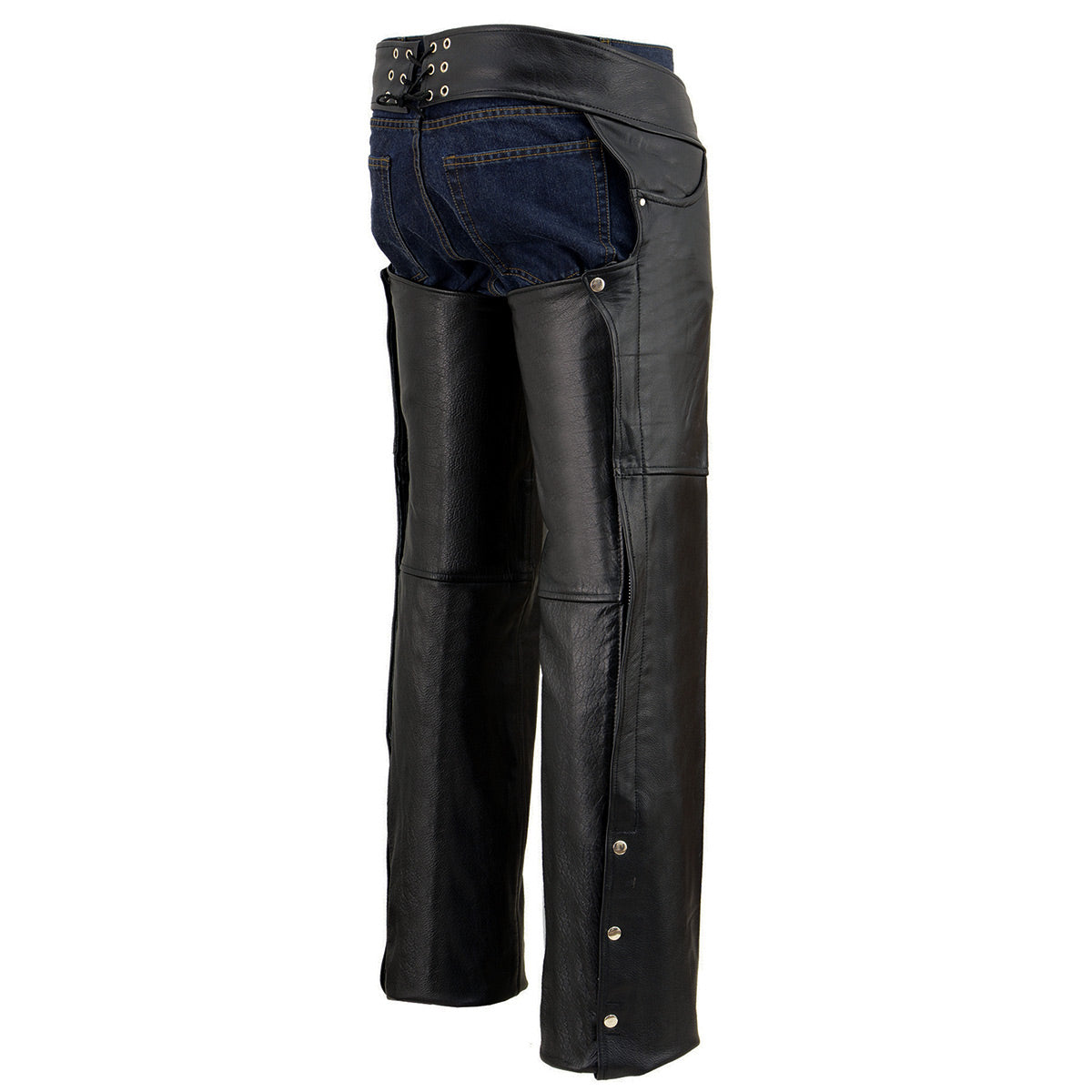 Men's Black Premium Leather Classic Jean Style Motorcycle Riding Chaps SH1101