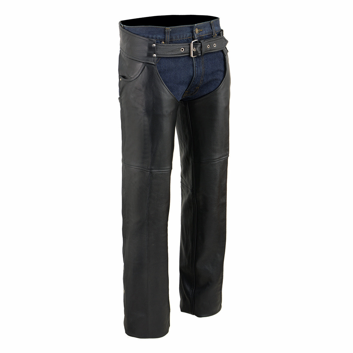 Men's Black Premium Leather Classic Jean Style Motorcycle Riding Chaps SH1101
