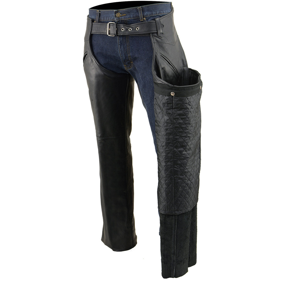 Men's Black Leather Slash Pocket Chaps Snap Out Thermal Lined Motorcycle Riders SH1103