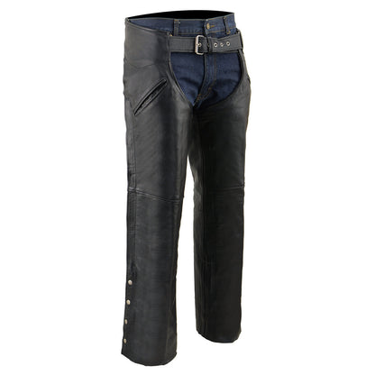 Men's Black Leather Slash Pocket Chaps Snap Out Thermal Lined Motorcycle Riders SH1103