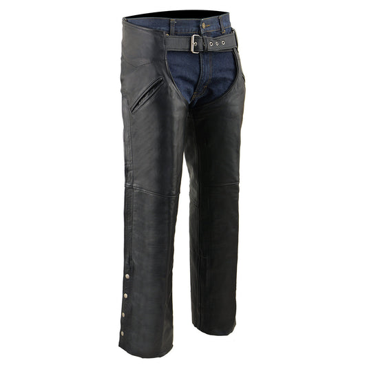 Men's Black Leather Slash Pocket Chaps Snap Out Thermal Lined Motorcycle Riders SH1103