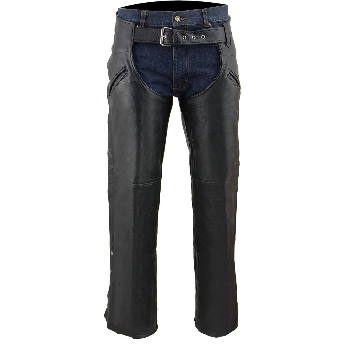 Men's Black Leather Slash Pocket Chaps Snap Out Thermal Lined Motorcycle Riders SH1103