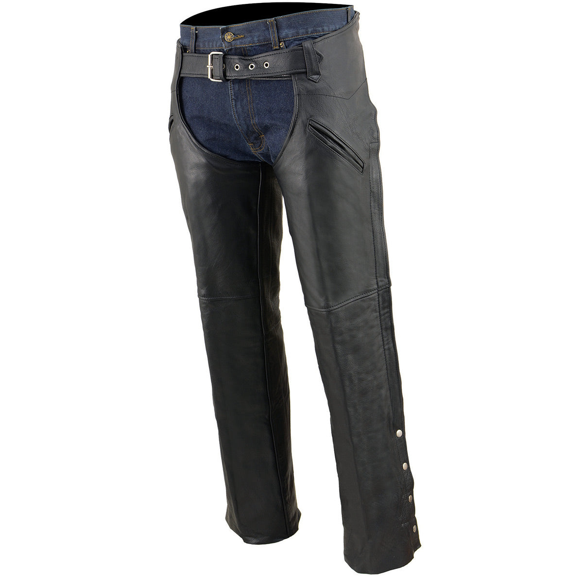 Men's Black Leather Slash Pocket Chaps Snap Out Thermal Lined Motorcycle Riders SH1103