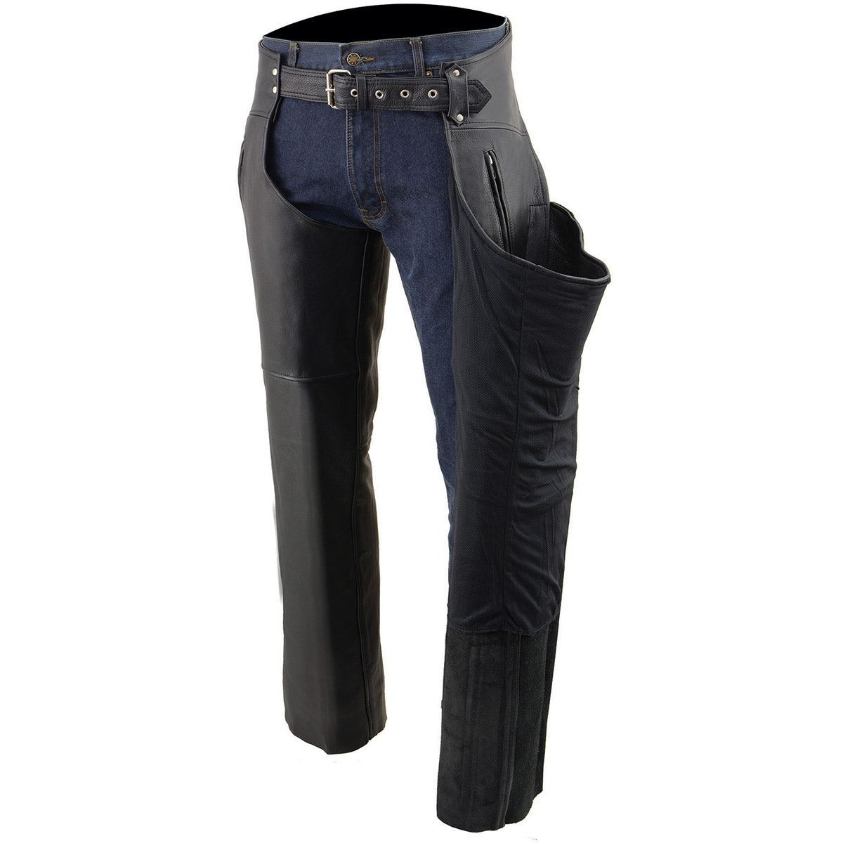 Men's Black Prime Leather Motorcycle Chaps Zipped Thigh Pocket Mesh Lined SH1190