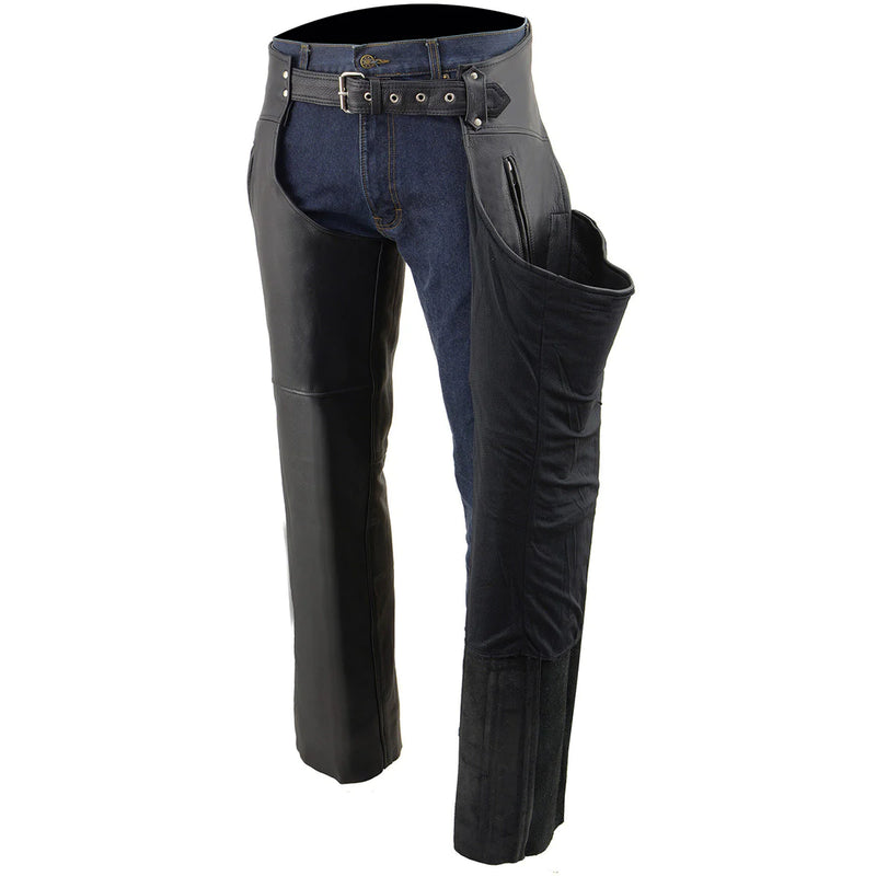 Men's Black Leather Chaps with Zippered Thigh Pockets