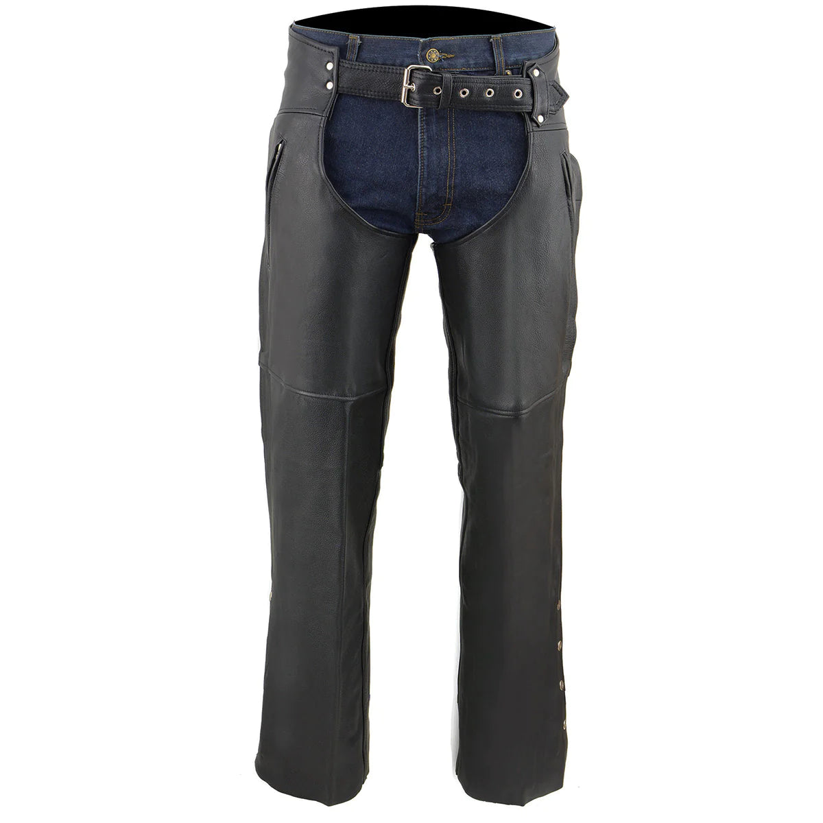 Men's Black Leather Chaps with Zippered Thigh Pockets