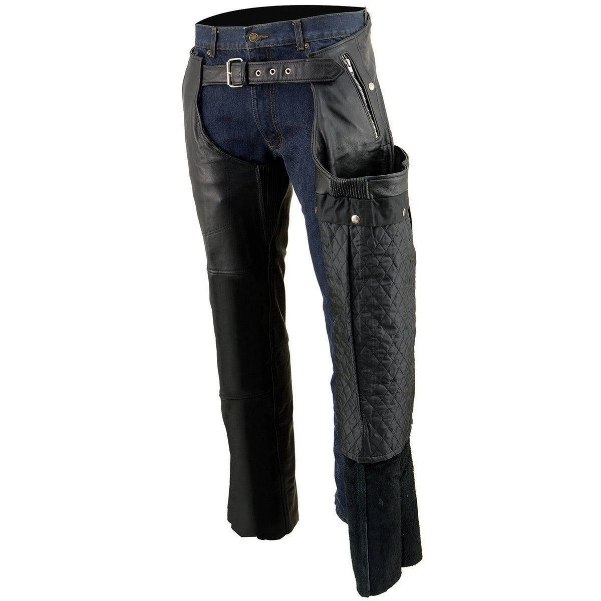 Men's Buffalo Leather Chaps 4-Pocket Snap Out Thermal Lined Motorcycle Riding