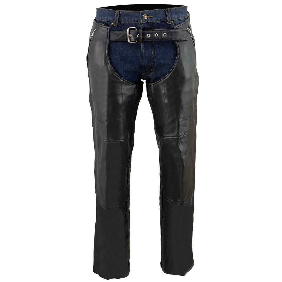 Men's Buffalo Leather Chaps 4-Pocket Snap Out Thermal Lined Motorcycle Riding