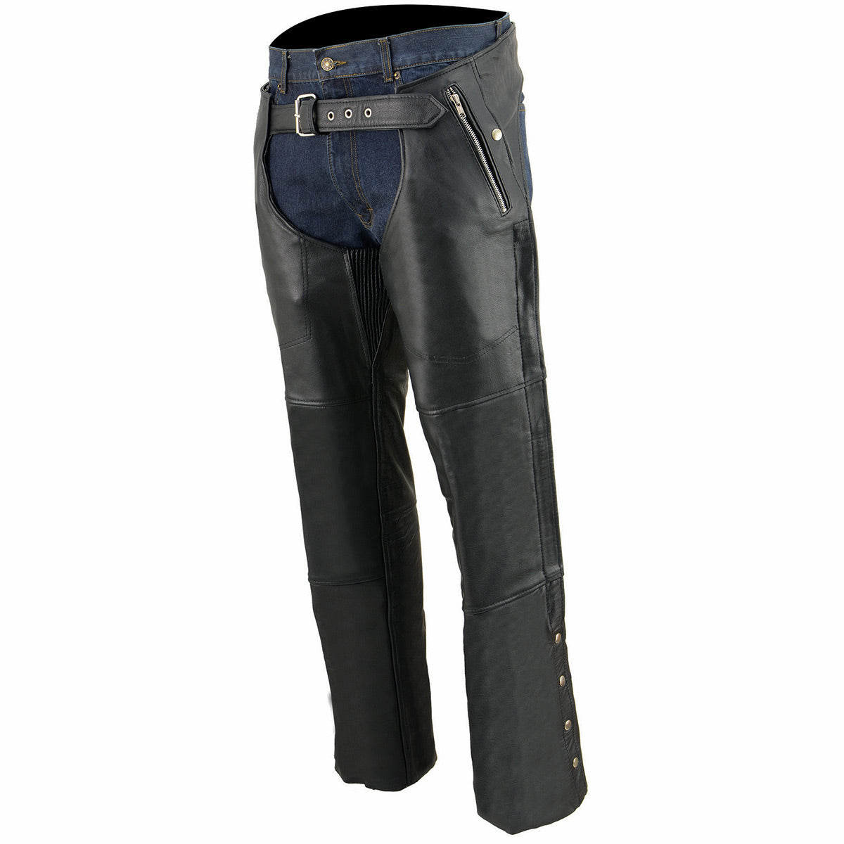 Men's Buffalo Leather Chaps 4-Pocket Snap Out Thermal Lined Motorcycle Riding