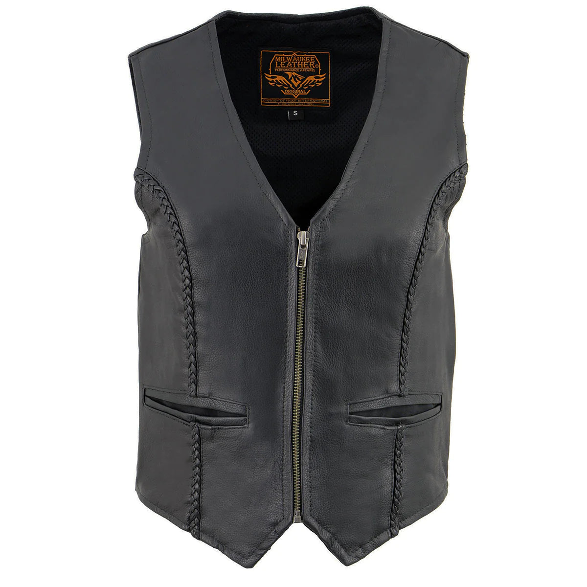 Women's Black Leather Classic Braided Motorcycle Rider Vest with Front Zip Closure