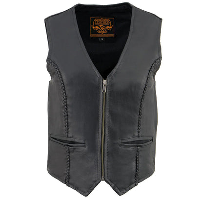 Women's Black Leather Classic Braided Motorcycle Rider Vest with Front Zip Closure