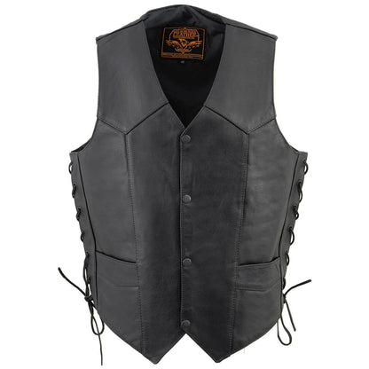Men's Black Leather Classic Side Lace Biker Vest