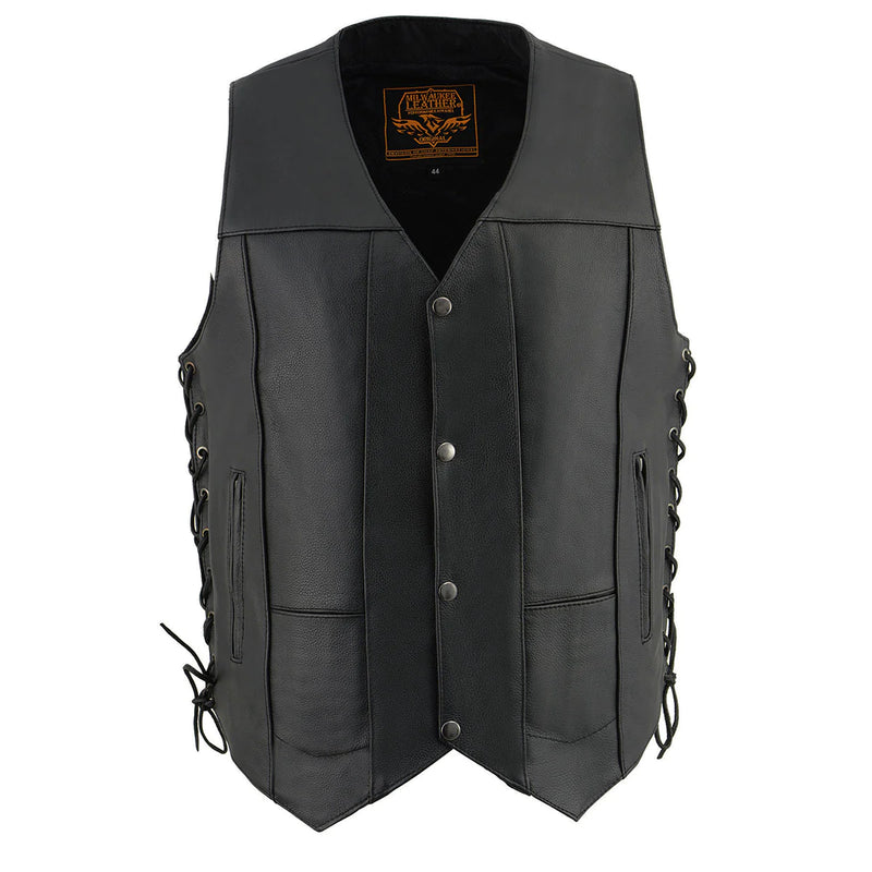 Men's Classic Black Leather 10 Pocket Vest