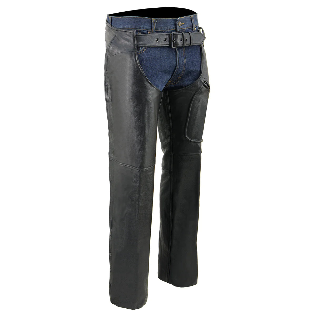 Men's Black Leather 3 Pocket Chaps with Thigh Patch Pocket