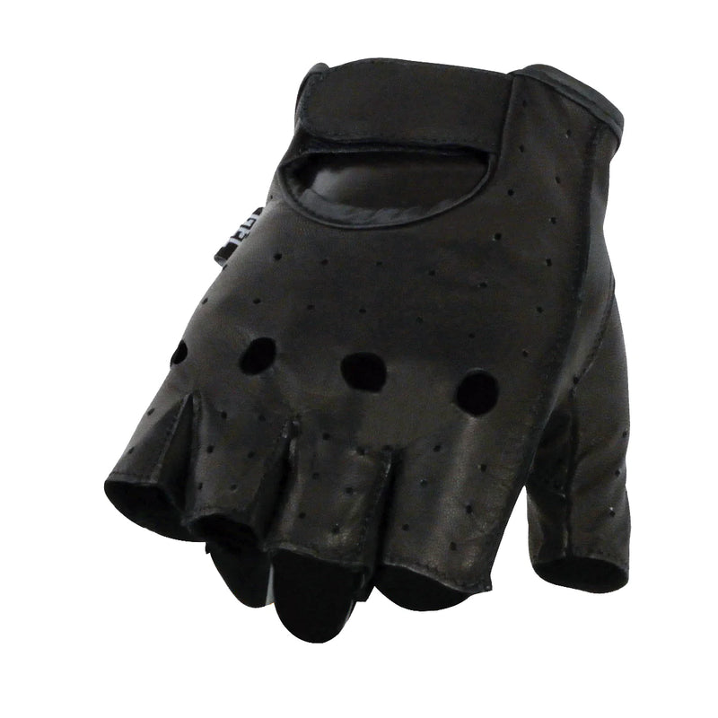 Men's Black Leather Perforated Gel Padded Palm Fingerless Motorcycle Hand Gloves W/ ‘Open Knuckle’