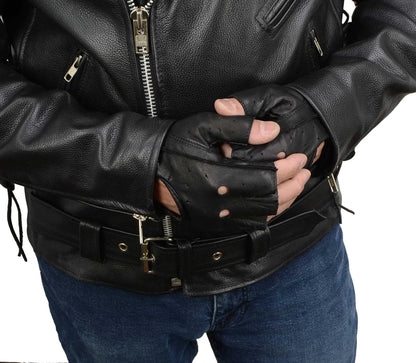 Men's Black Leather Perforated Gel Padded Palm Fingerless Motorcycle Hand Gloves W/ ‘Open Knuckle’