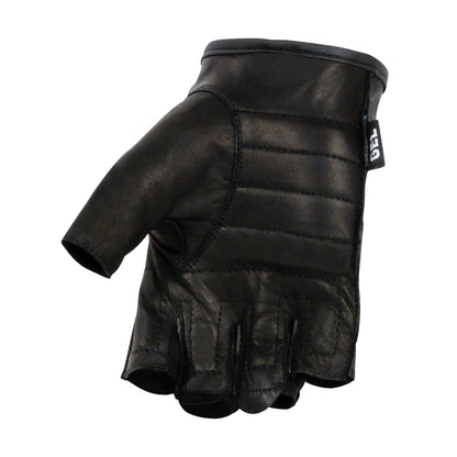 Men's Black Leather Perforated Gel Padded Palm Fingerless Motorcycle Hand Gloves W/ ‘Open Knuckle’