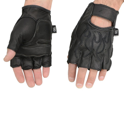 Men's Black Leather Gel Padded Palm Fingerless Motorcycle Hand Gloves W/ ‘Black Flame Embroidered’