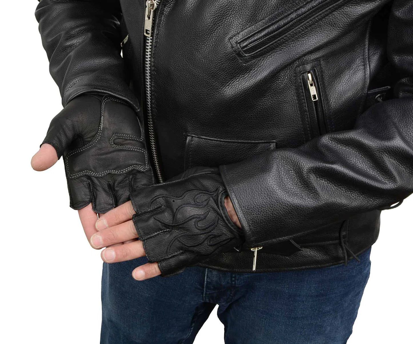 Men's Black Leather Gel Padded Palm Fingerless Motorcycle Hand Gloves W/ ‘Black Flame Embroidered’