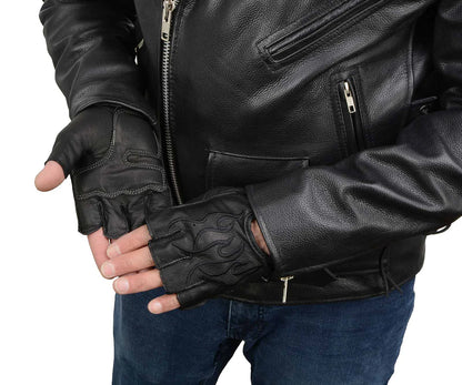 Men's Black Leather Gel Padded Palm Fingerless Motorcycle Hand Gloves W/ ‘Black Flame Embroidered’