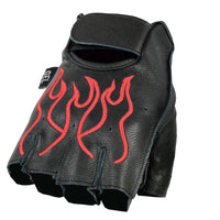 Men's Black Leather Gel Padded Palm Fingerless Motorcycle Hand Gloves W/ ‘Red Flame Embroidered’