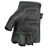 Men's Black Leather Gel Padded Palm Fingerless Motorcycle Hand Gloves W/ ‘Black Flame Embroidered’