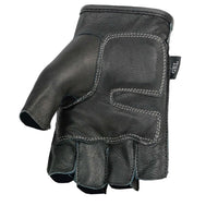 Men's Black Leather Gel Padded Palm Fingerless Motorcycle Hand Gloves W/ ‘Red Flame Embroidered’