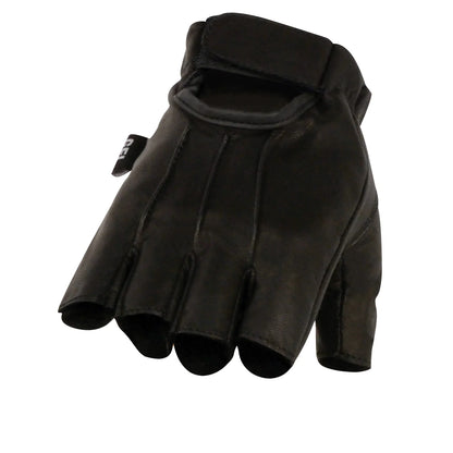Men's Black Leather Gel Padded Palm Fingerless Motorcycle Hand Gloves W/ ‘Welted’ Design