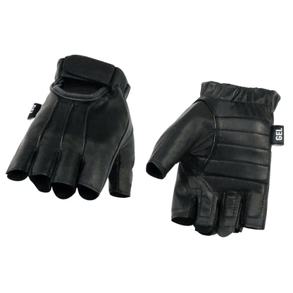 Men's Black Leather Gel Padded Palm Fingerless Motorcycle Hand Gloves W/ ‘Welted’ Design