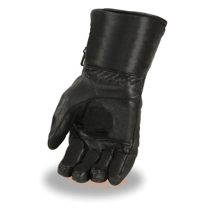 Men's Black Leather Warm Lining Gauntlet Motorcycle Hand Gloves W/ Rain Mitten and Adjustable Strap