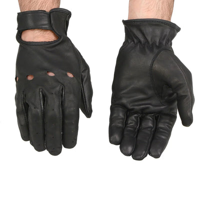 Men's Black Leather Unlined Classic Style Driving Gloves